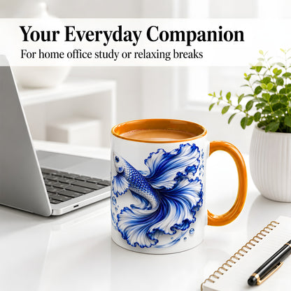 #pl[11oz|Orange] Blue Betta Fish Ceramic Mug, Flowing Fin and Water Bubble Artwork