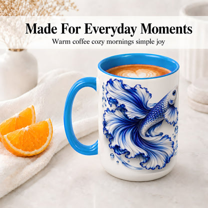 #pl[15oz|Blue] Blue Betta Fish Ceramic Mug, Flowing Fin and Water Bubble Artwork