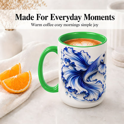 #pl[15oz|Green] Blue Betta Fish Ceramic Mug, Flowing Fin and Water Bubble Artwork