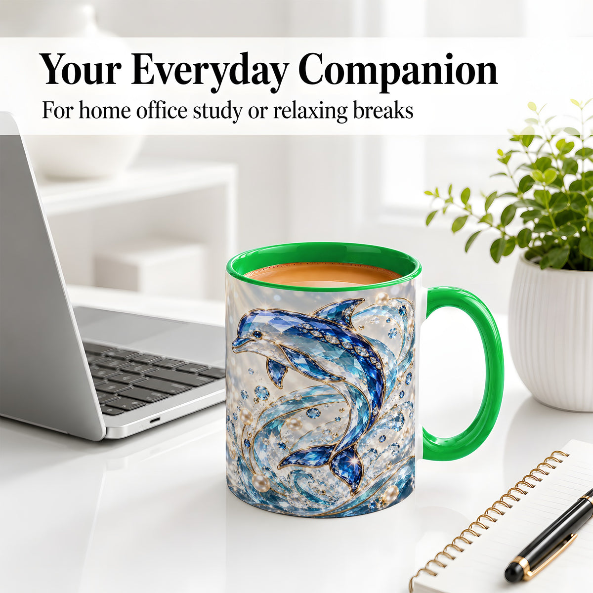 #pl[11oz|Green] Blue Dolphin Ceramic Mug, Faceted Ocean Wave and Pearl Artwork