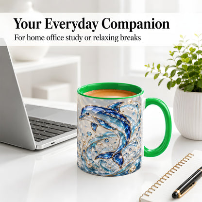 #pl[11oz|Green] Blue Dolphin Ceramic Mug, Faceted Ocean Wave and Pearl Artwork