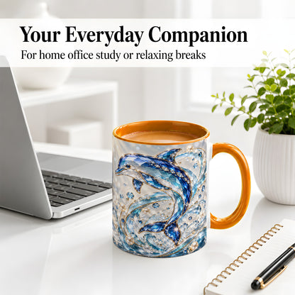#pl[11oz|Orange] Blue Dolphin Ceramic Mug, Faceted Ocean Wave and Pearl Artwork