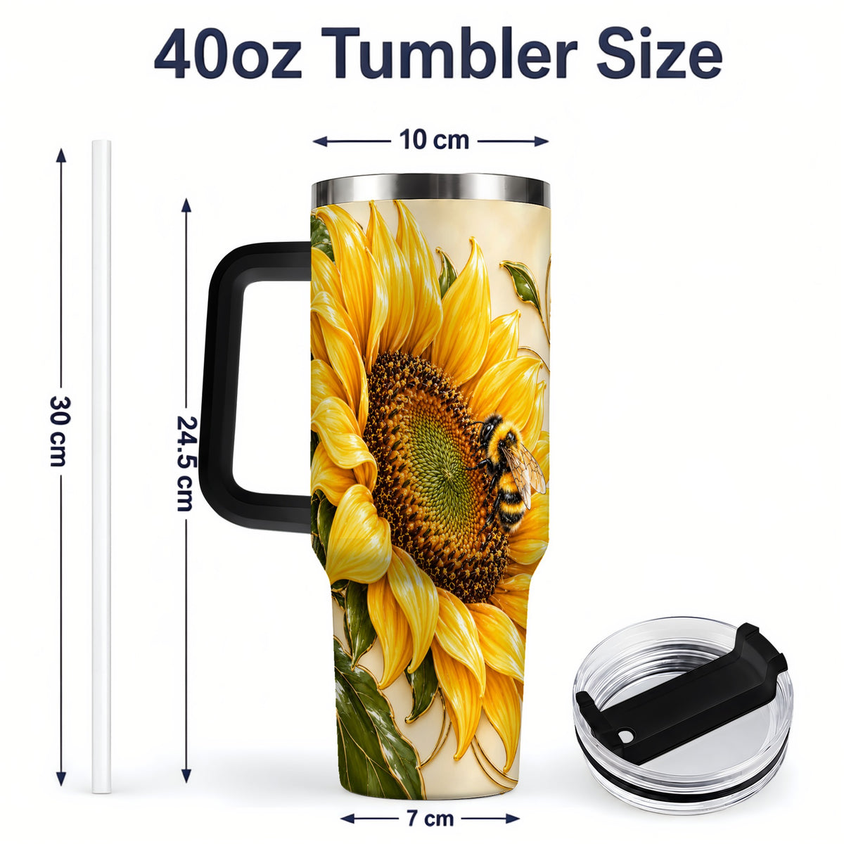 #pl[40oz|Black] Sunflower and Bee Tumbler, 40oz Tumbler with Botanical Floral Artwork