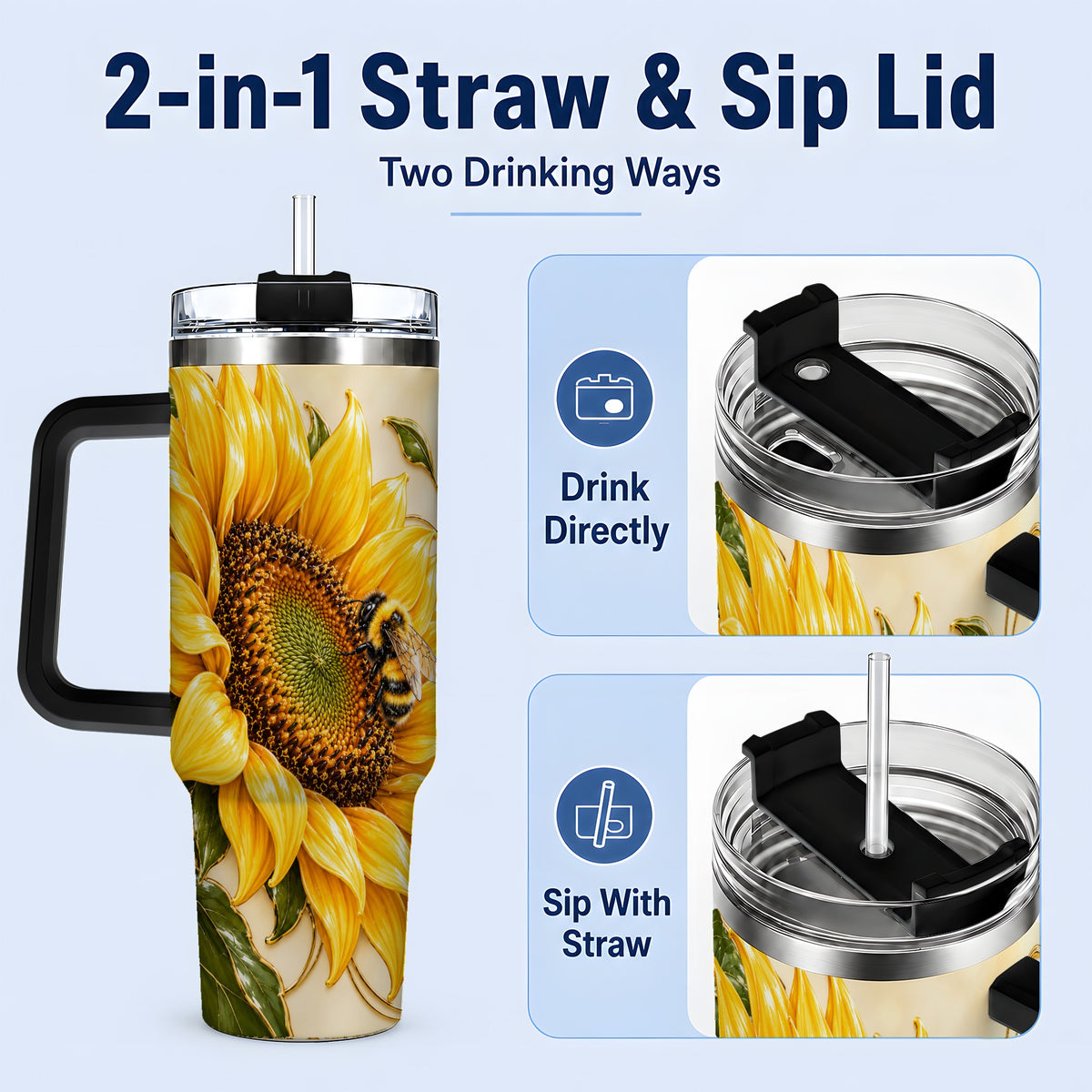 #pl[40oz|Black] Sunflower and Bee Tumbler, 40oz Tumbler with Botanical Floral Artwork