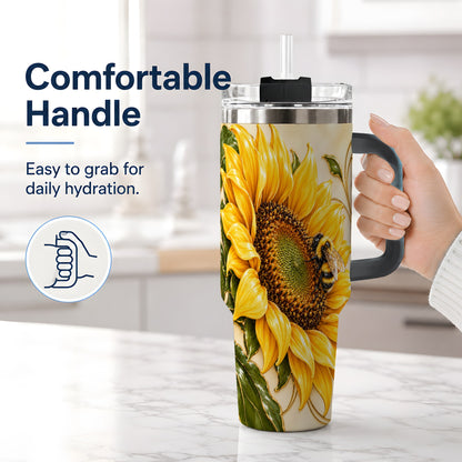#pl[40oz|Black] Sunflower and Bee Tumbler, 40oz Tumbler with Botanical Floral Artwork
