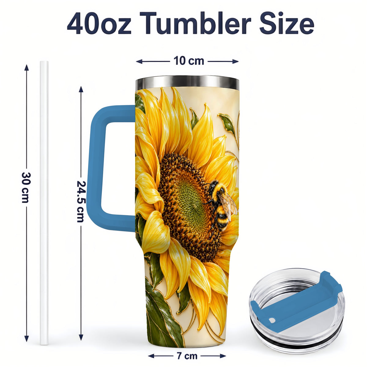 #pl[40oz|Blue] Sunflower and Bee Tumbler, 40oz Tumbler with Botanical Floral Artwork