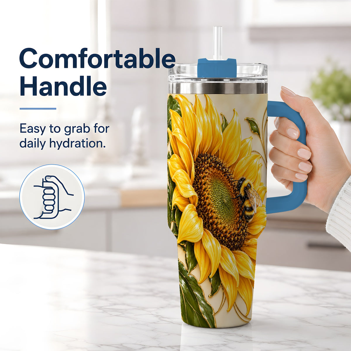 #pl[40oz|Blue] Sunflower and Bee Tumbler, 40oz Tumbler with Botanical Floral Artwork