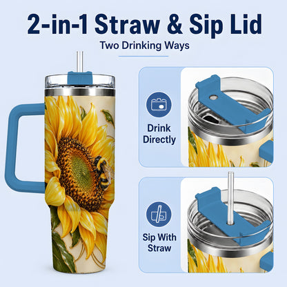 #pl[40oz|Blue] Sunflower and Bee Tumbler, 40oz Tumbler with Botanical Floral Artwork