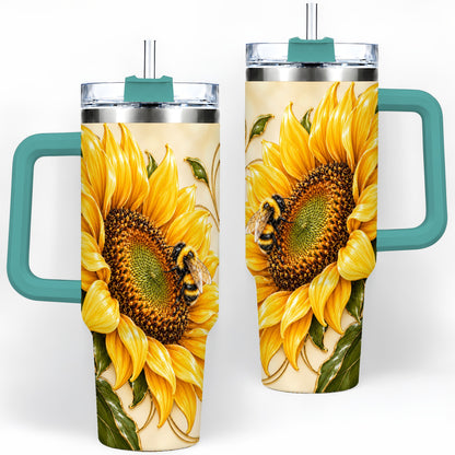 #pl[40oz|Green] Sunflower and Bee Tumbler, 40oz Tumbler with Botanical Floral Artwork