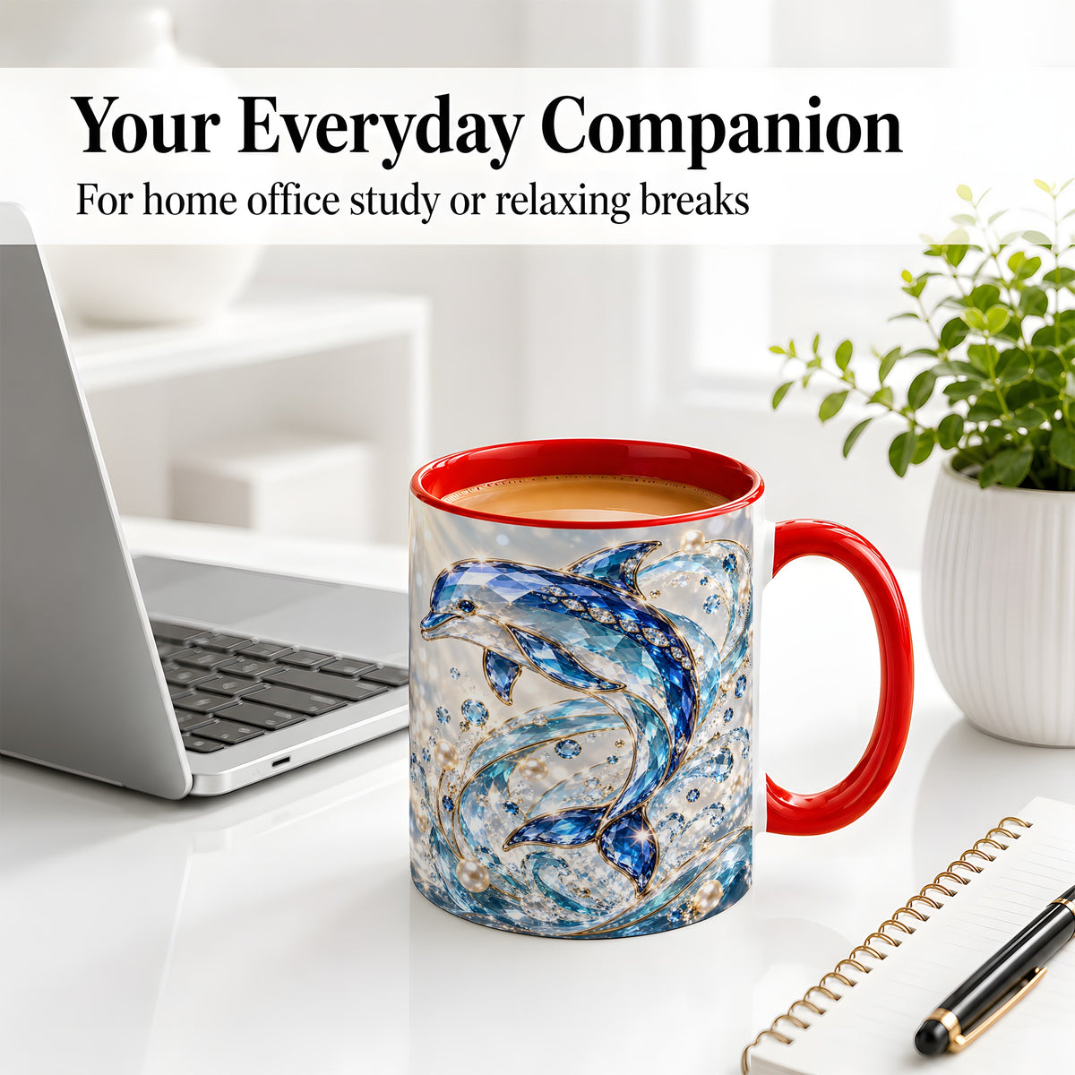#pl[11oz|Red] Blue Dolphin Ceramic Mug, Faceted Ocean Wave and Pearl Artwork