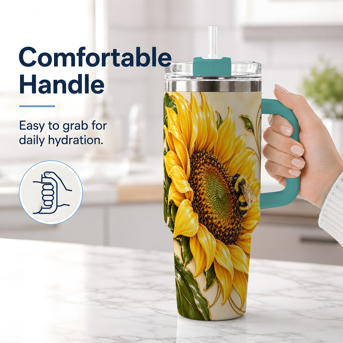 #pl[40oz|Green] Sunflower and Bee Tumbler, 40oz Tumbler with Botanical Floral Artwork