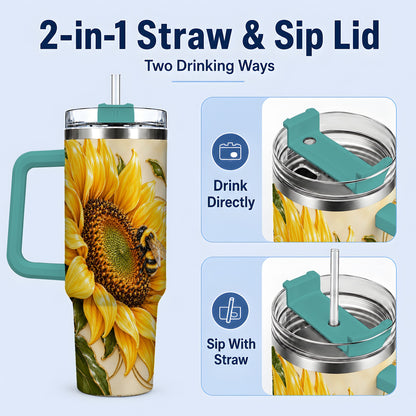 #pl[40oz|Green] Sunflower and Bee Tumbler, 40oz Tumbler with Botanical Floral Artwork