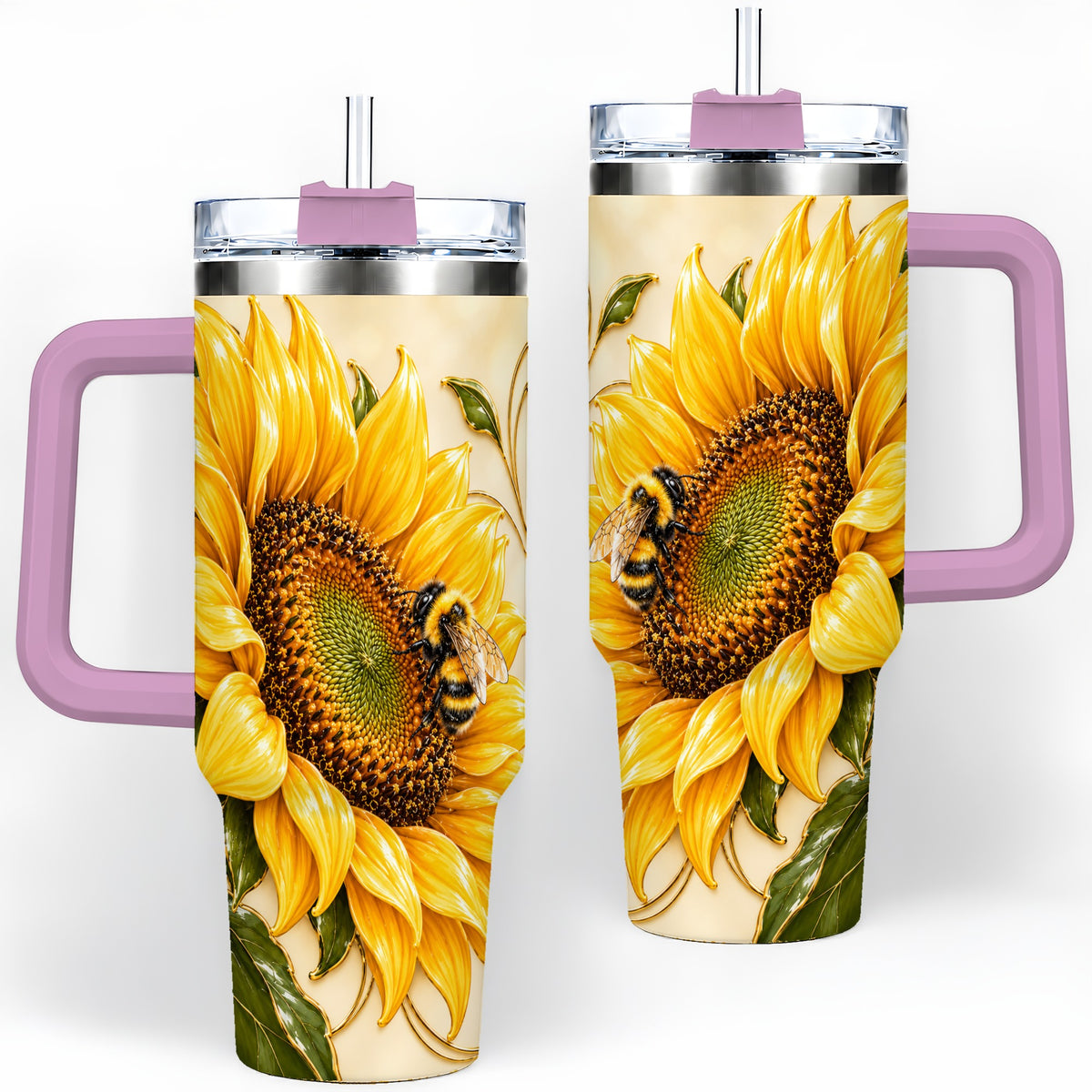 #pl[40oz|Pink] Sunflower and Bee Tumbler, 40oz Tumbler with Botanical Floral Artwork