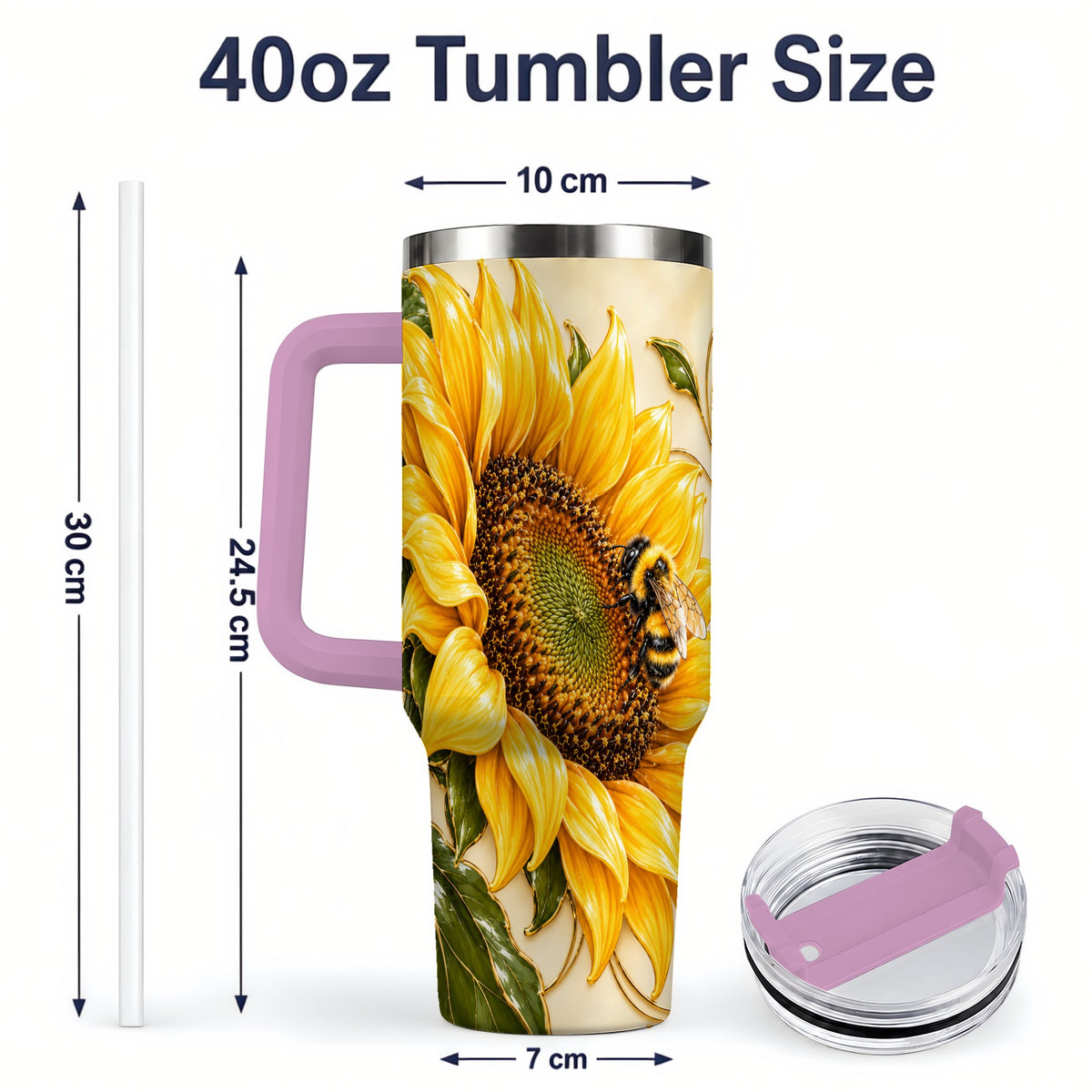 #pl[40oz|Pink] Sunflower and Bee Tumbler, 40oz Tumbler with Botanical Floral Artwork