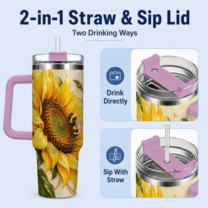 #pl[40oz|Pink] Sunflower and Bee Tumbler, 40oz Tumbler with Botanical Floral Artwork