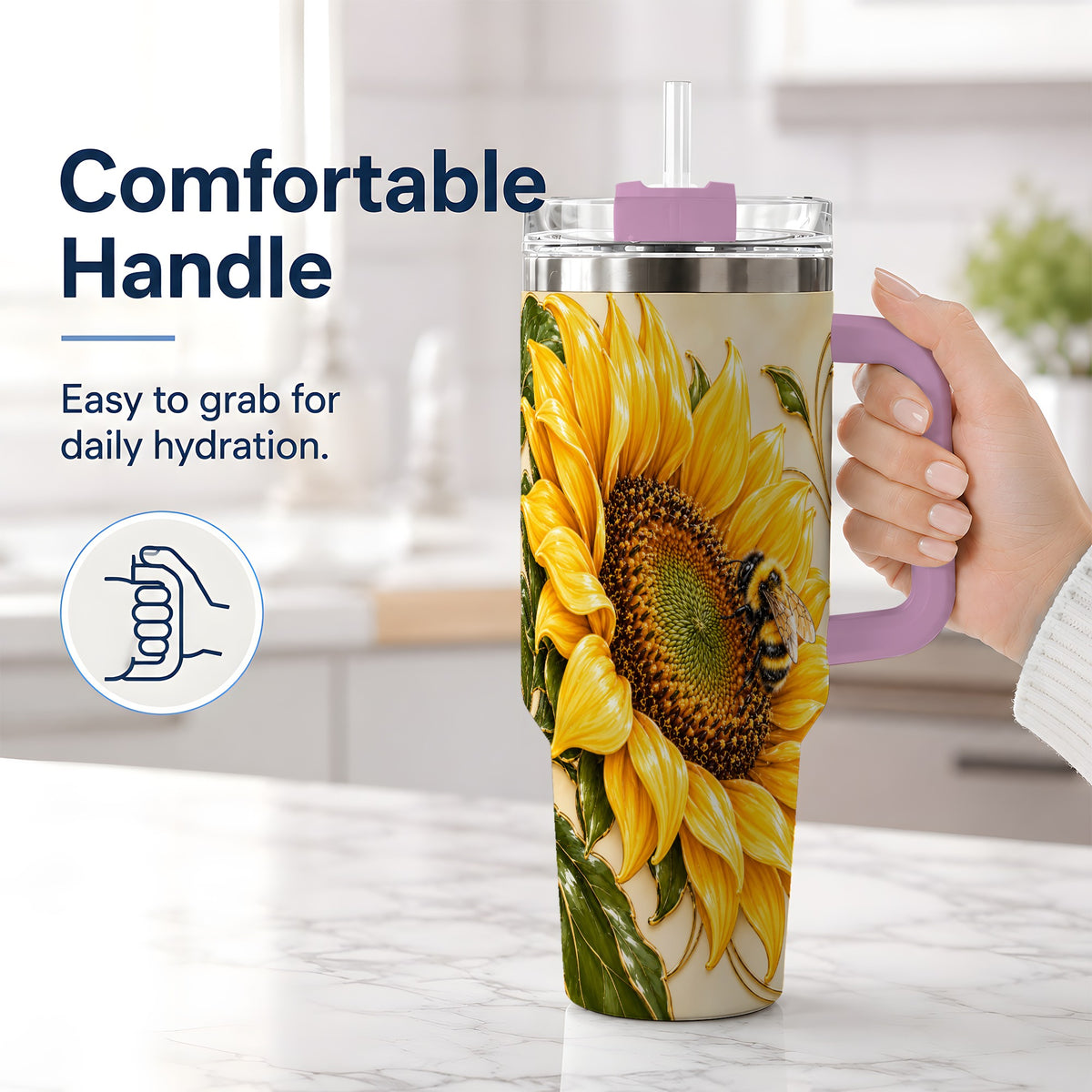 #pl[40oz|Pink] Sunflower and Bee Tumbler, 40oz Tumbler with Botanical Floral Artwork