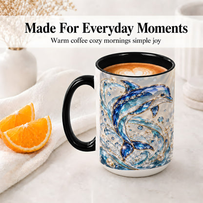 #pl[15oz|Black] Blue Dolphin Ceramic Mug, Faceted Ocean Wave and Pearl Artwork