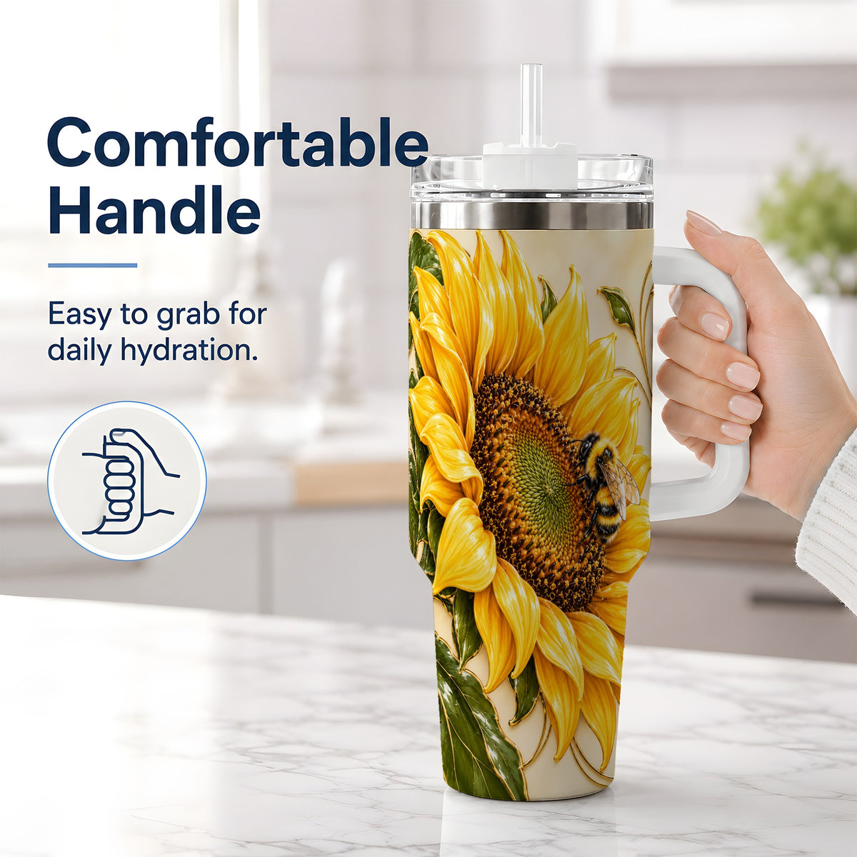 #pl[40oz|White] Sunflower and Bee Tumbler, 40oz Tumbler with Botanical Floral Artwork