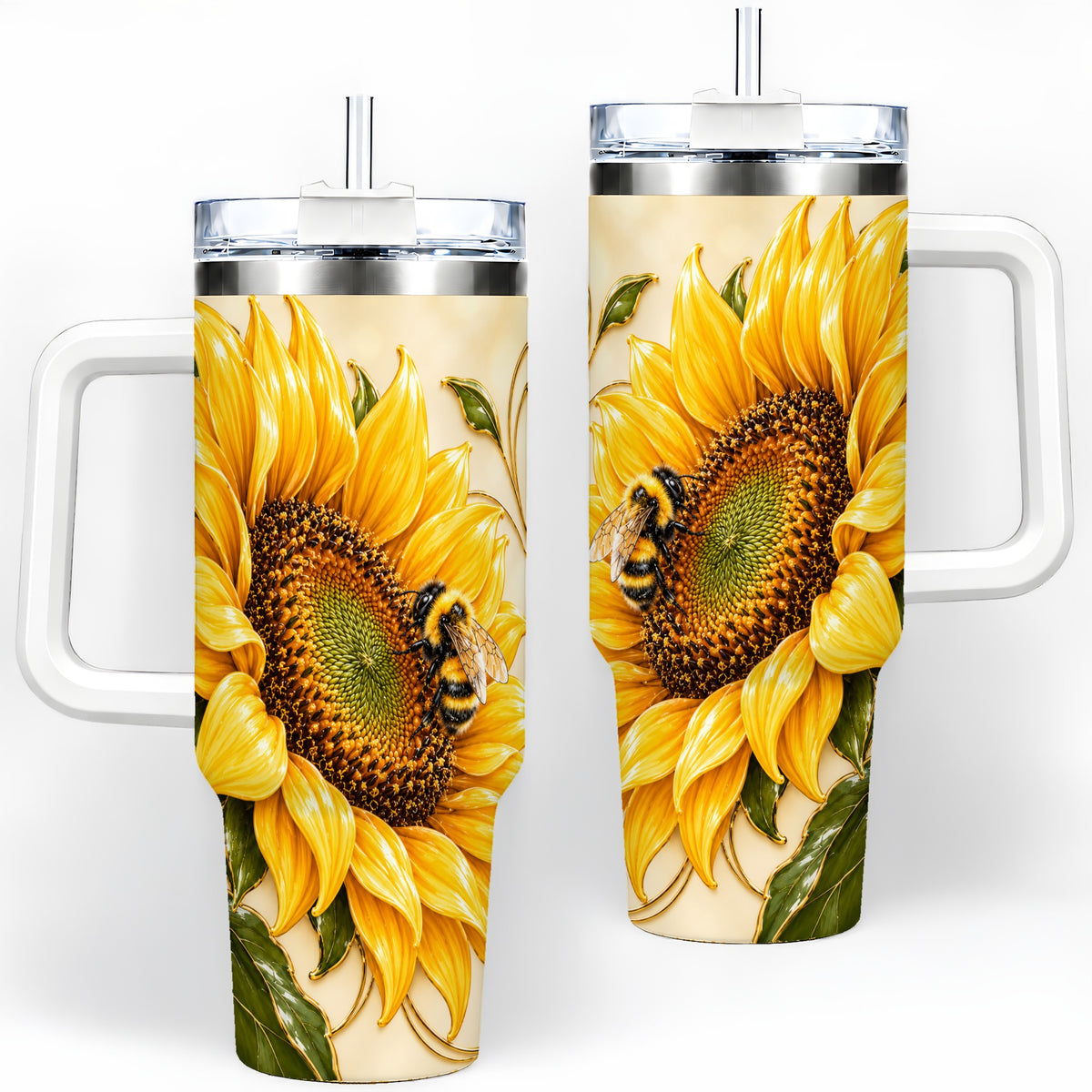 Sunflower and Bee Tumbler, 40oz Tumbler with Botanical Floral Artwork