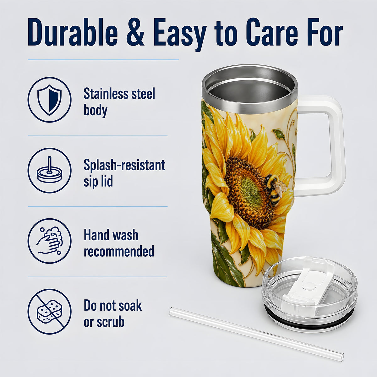 Sunflower and Bee Tumbler, 40oz Tumbler with Botanical Floral Artwork