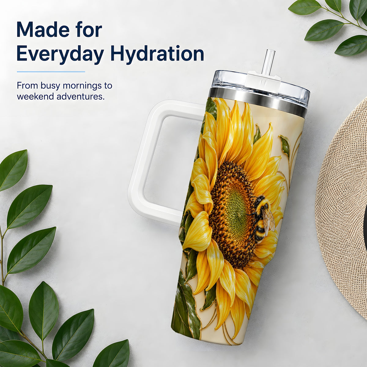 Sunflower and Bee Tumbler, 40oz Tumbler with Botanical Floral Artwork
