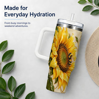 Sunflower and Bee Tumbler, 40oz Tumbler with Botanical Floral Artwork