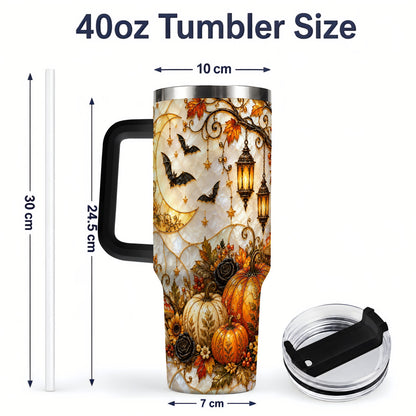 #pl[40oz|Black] Halloween Moon Tumbler, 40oz Tumbler with Bat Pumpkin Autumn Artwork
