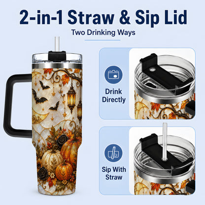 #pl[40oz|Black] Halloween Moon Tumbler, 40oz Tumbler with Bat Pumpkin Autumn Artwork