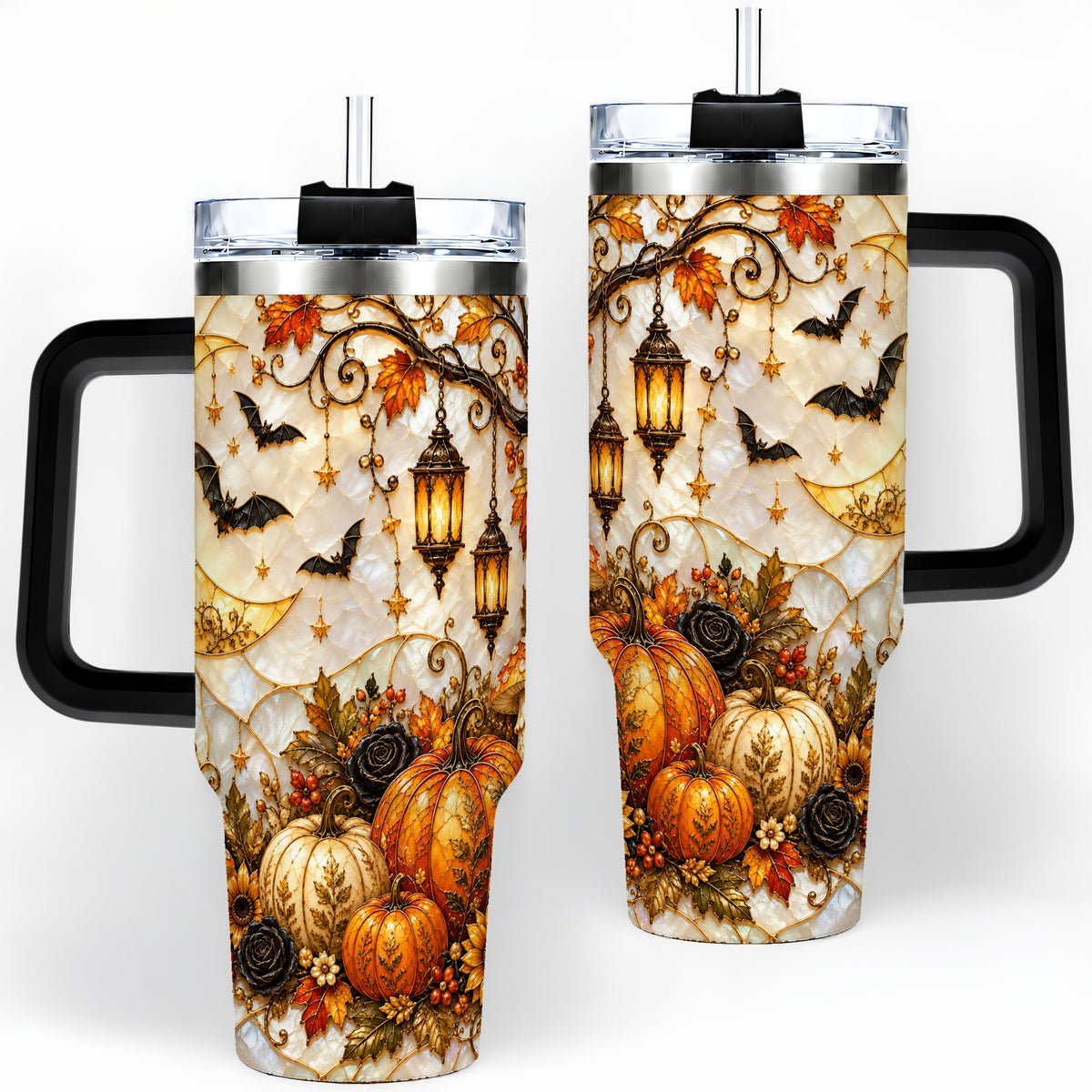 #pl[40oz|Black] Halloween Moon Tumbler, 40oz Tumbler with Bat Pumpkin Autumn Artwork