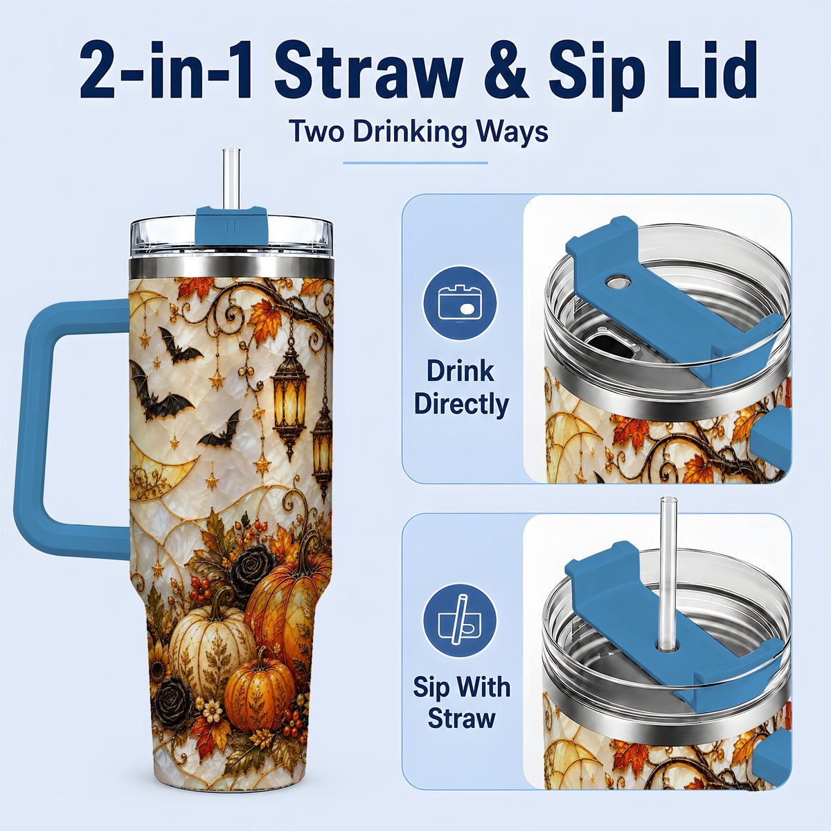 #pl[40oz|Blue] Halloween Moon Tumbler, 40oz Tumbler with Bat Pumpkin Autumn Artwork