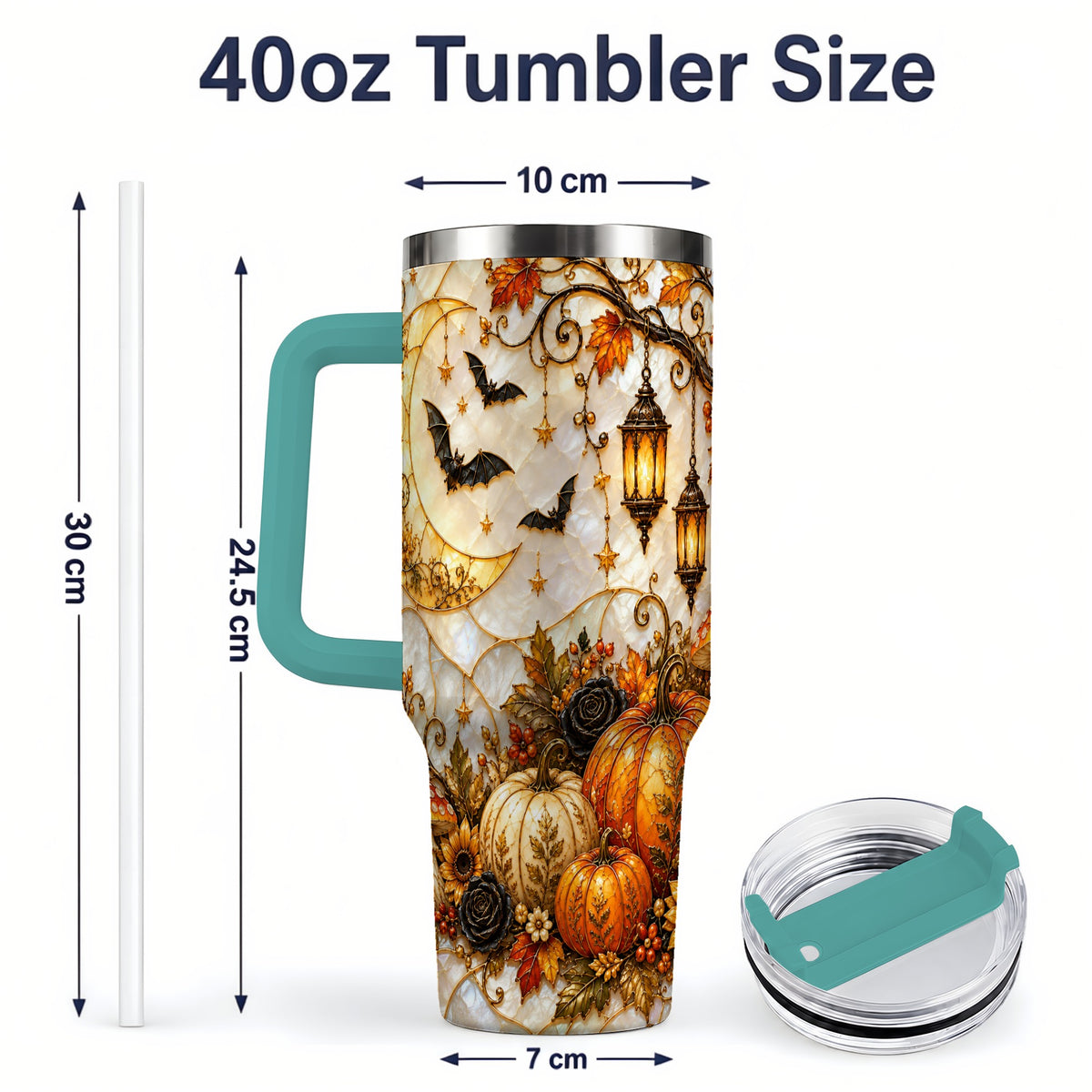 #pl[40oz|Green] Halloween Moon Tumbler, 40oz Tumbler with Bat Pumpkin Autumn Artwork
