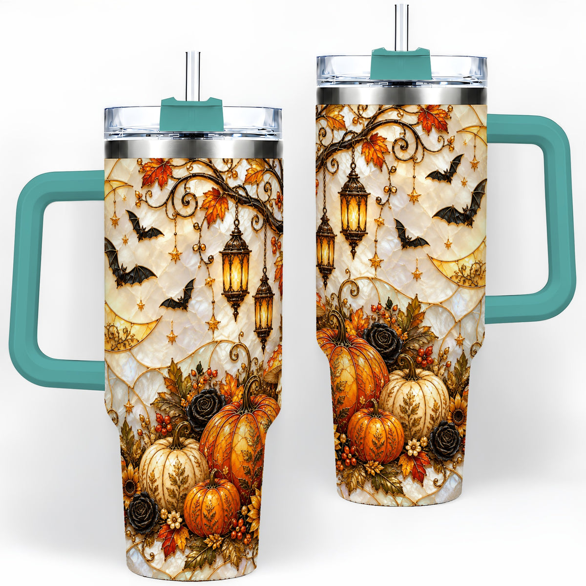 #pl[40oz|Green] Halloween Moon Tumbler, 40oz Tumbler with Bat Pumpkin Autumn Artwork