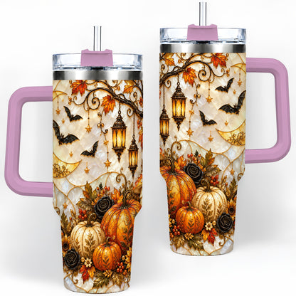 #pl[40oz|Pink] Halloween Moon Tumbler, 40oz Tumbler with Bat Pumpkin Autumn Artwork