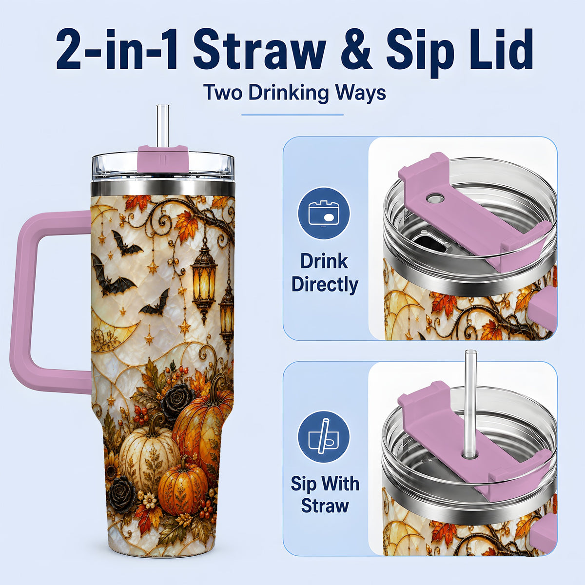 #pl[40oz|Pink] Halloween Moon Tumbler, 40oz Tumbler with Bat Pumpkin Autumn Artwork