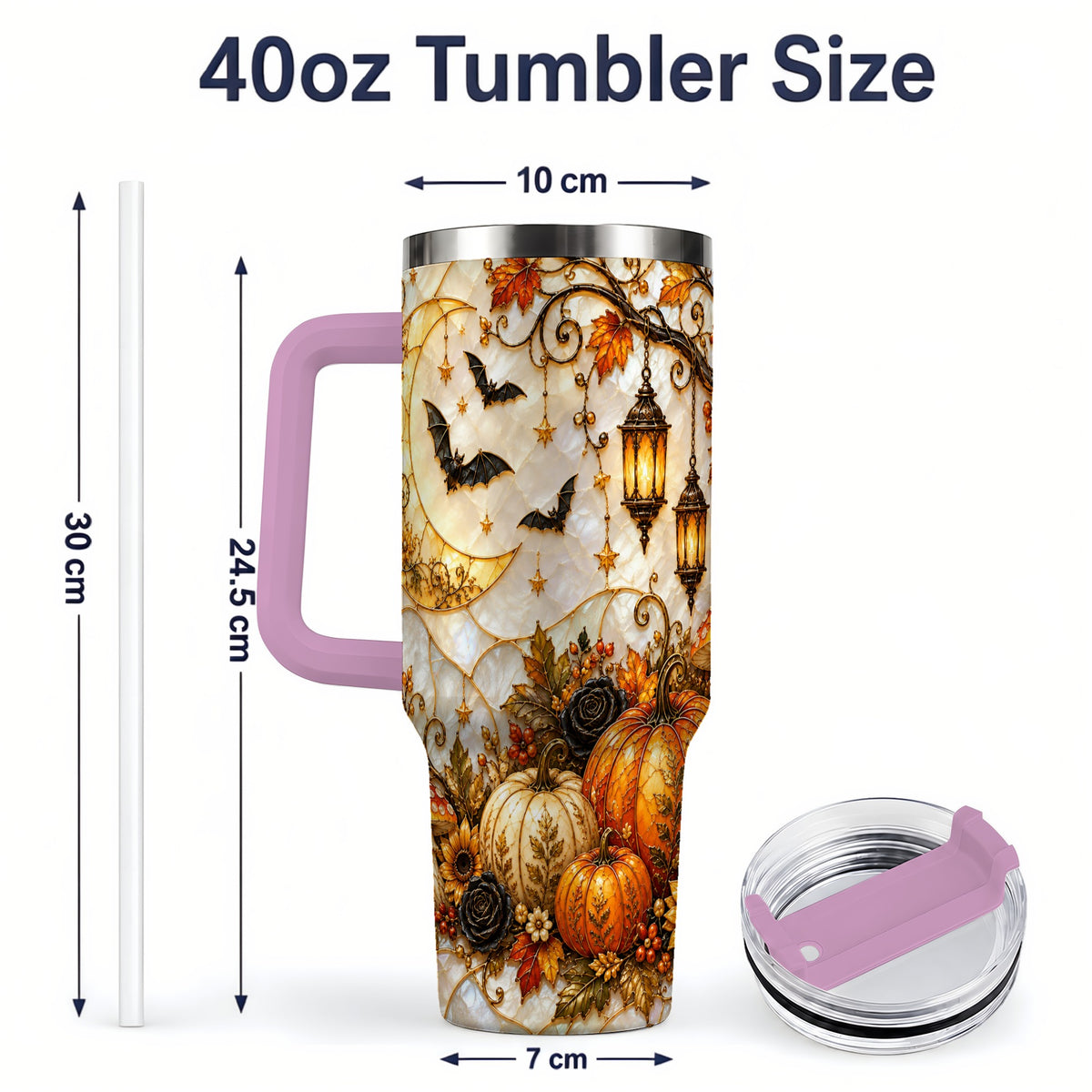 #pl[40oz|Pink] Halloween Moon Tumbler, 40oz Tumbler with Bat Pumpkin Autumn Artwork