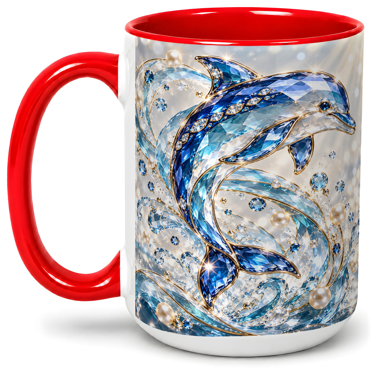 #pl[15oz|Red] Blue Dolphin Ceramic Mug, Faceted Ocean Wave and Pearl Artwork