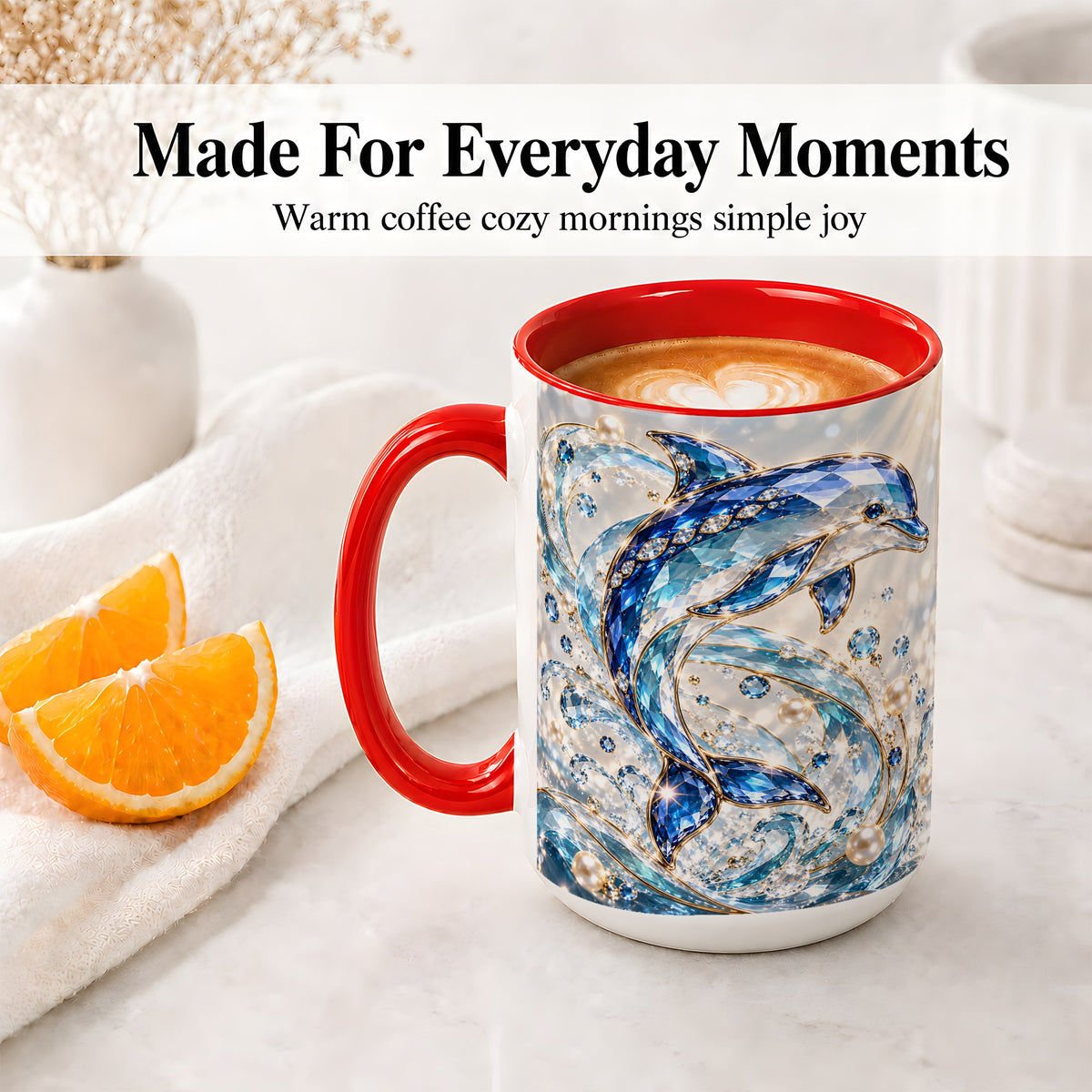 #pl[15oz|Red] Blue Dolphin Ceramic Mug, Faceted Ocean Wave and Pearl Artwork