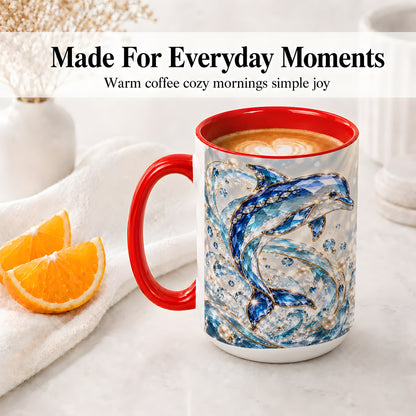 #pl[15oz|Red] Blue Dolphin Ceramic Mug, Faceted Ocean Wave and Pearl Artwork