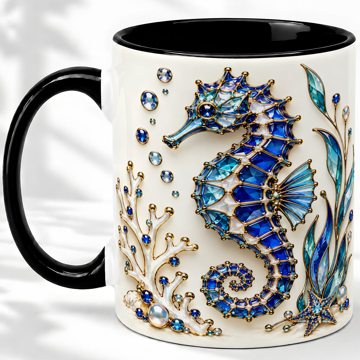 #pl[11oz|Black] Blue Seahorse Ceramic Mug, Faceted Coral and Aquatic Leaf Artwork