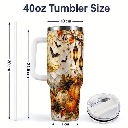 #pl[40oz|White] Halloween Moon Tumbler, 40oz Tumbler with Bat Pumpkin Autumn Artwork