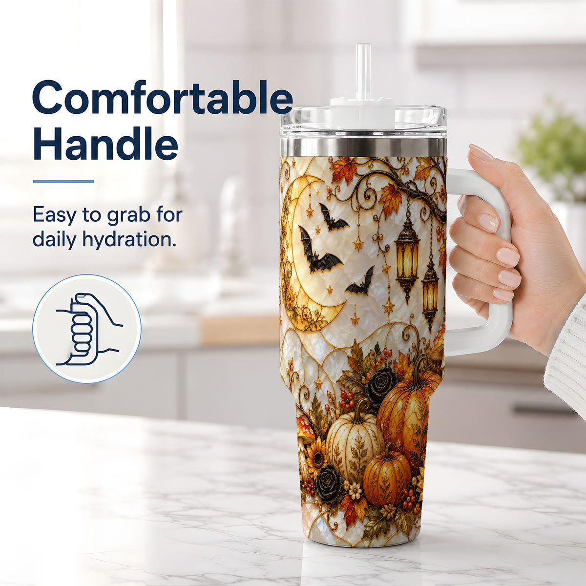 #pl[40oz|White] Halloween Moon Tumbler, 40oz Tumbler with Bat Pumpkin Autumn Artwork