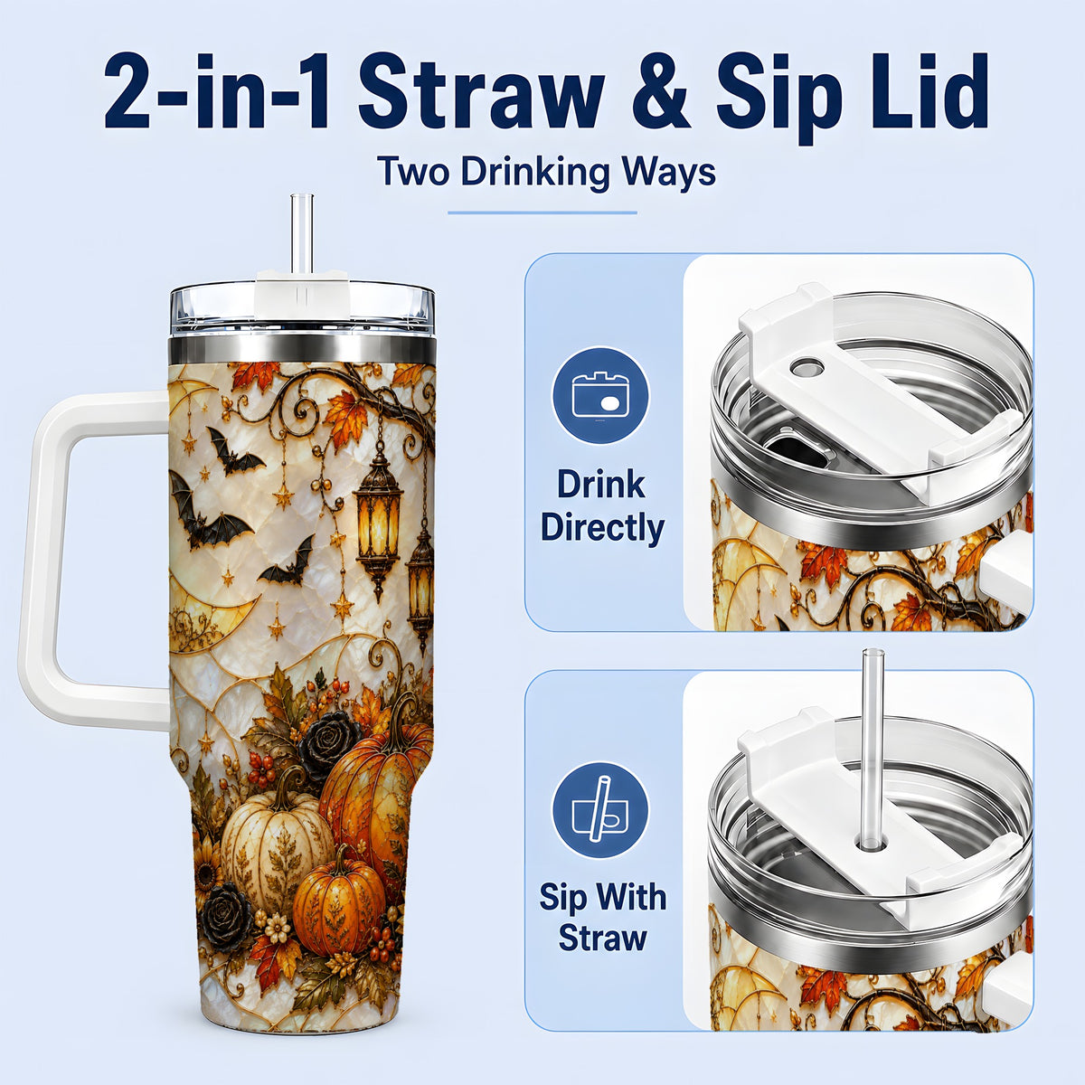 #pl[40oz|White] Halloween Moon Tumbler, 40oz Tumbler with Bat Pumpkin Autumn Artwork