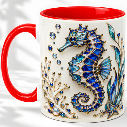 Blue Seahorse Ceramic Mug, Faceted Coral and Aquatic Leaf Artwork