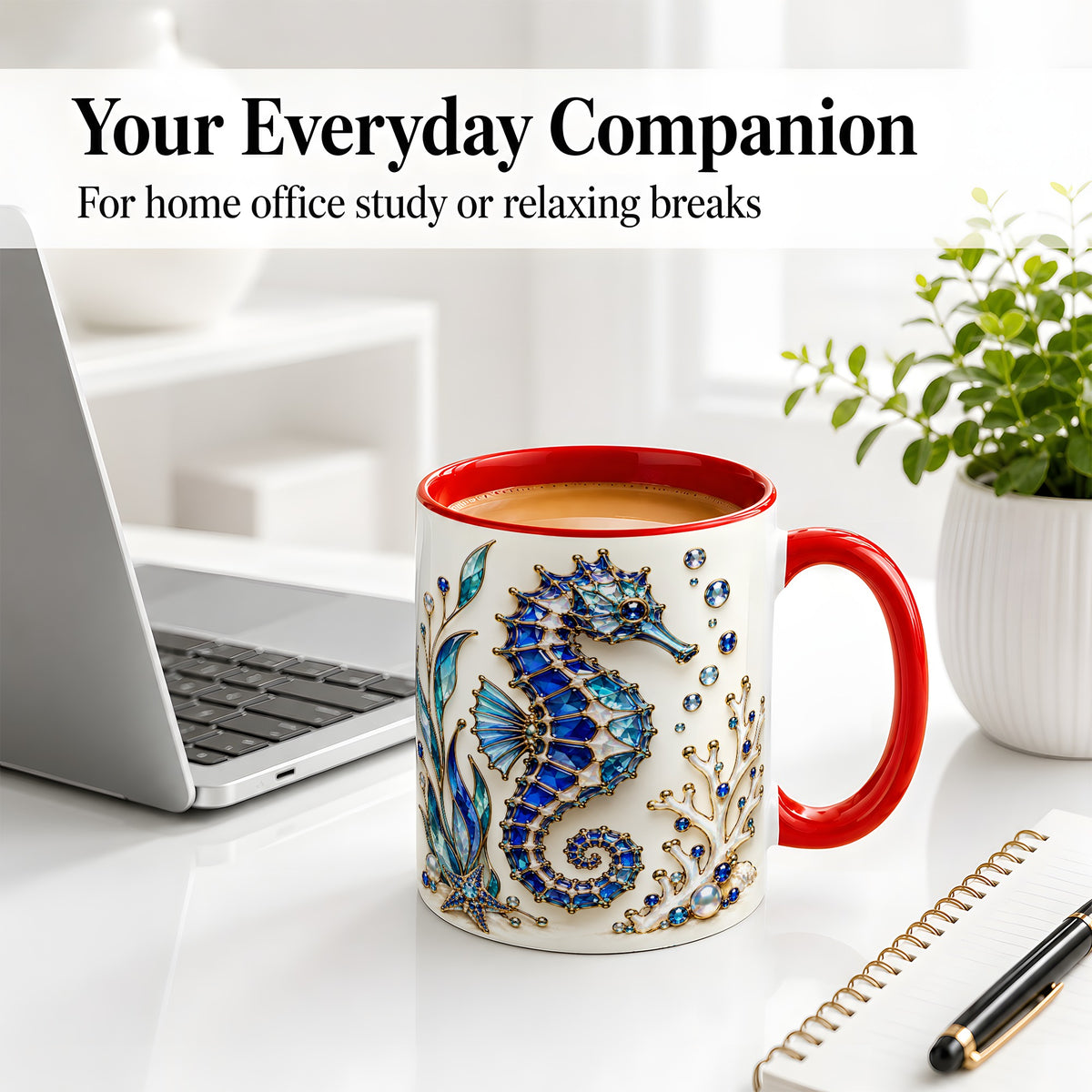 #pl[11oz|Red] Blue Seahorse Ceramic Mug, Faceted Coral and Aquatic Leaf Artwork