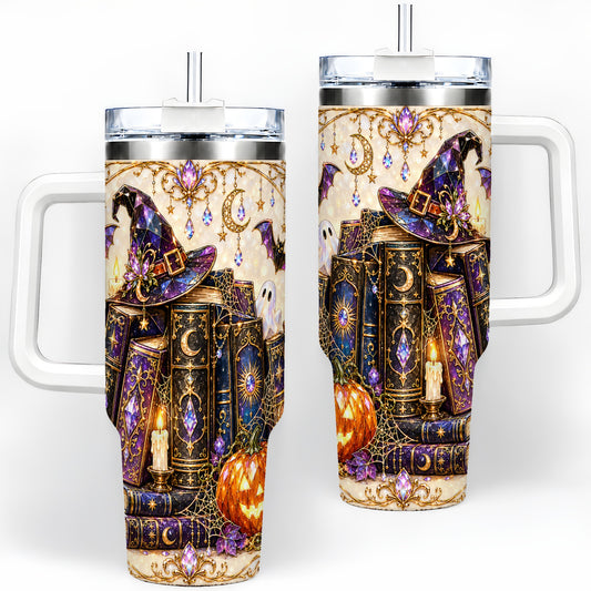 Witchy Halloween Books Tumbler, 40oz Tumbler with Pumpkin Ghost Artwork