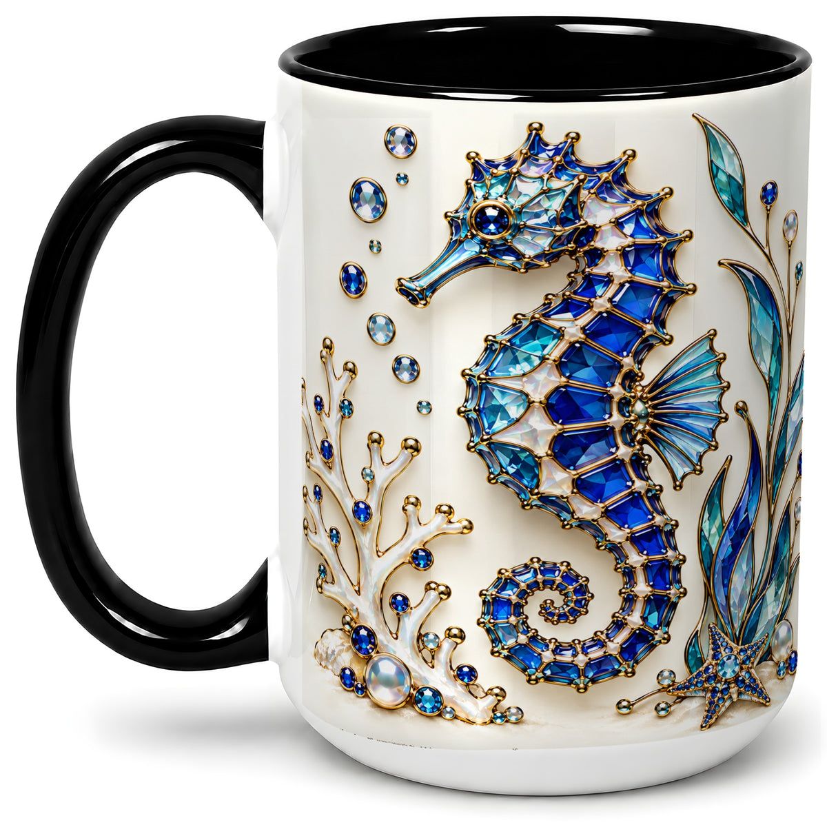 #pl[15oz|Black] Blue Seahorse Ceramic Mug, Faceted Coral and Aquatic Leaf Artwork