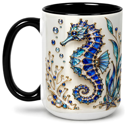 #pl[15oz|Black] Blue Seahorse Ceramic Mug, Faceted Coral and Aquatic Leaf Artwork