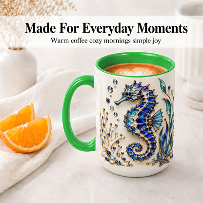 #pl[15oz|Green] Blue Seahorse Ceramic Mug, Faceted Coral and Aquatic Leaf Artwork