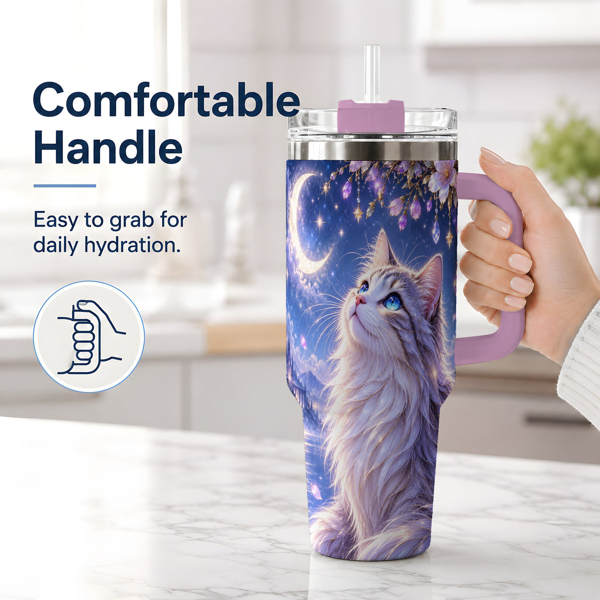 #pl[40oz|Pink] Fantasy Moon Cat Tumbler, 40oz Tumbler with Celestial Floral Artwork