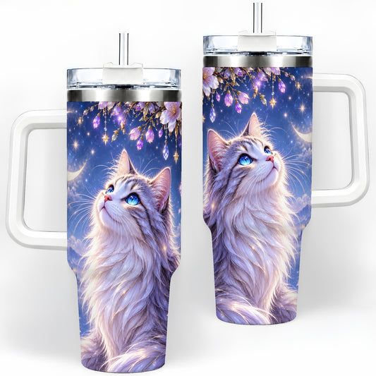 Fantasy Moon Cat Tumbler, 40oz Tumbler with Celestial Floral Artwork